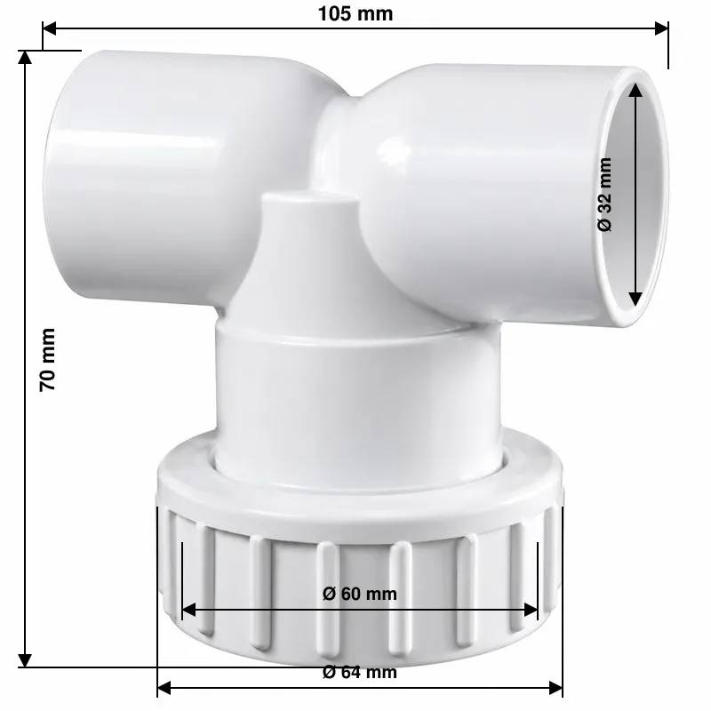 Vit T-formad pumpunion 1½" med 32mm anslutningar och gängad koppling, tillverkad i PVC-plast.