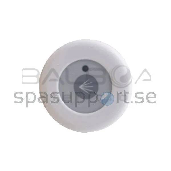 Rund vit 1-funktions touchpanel Ø 39mm för pump on/off med grå knapp och ljusstrålesymbol, sedd rakt framifrån.