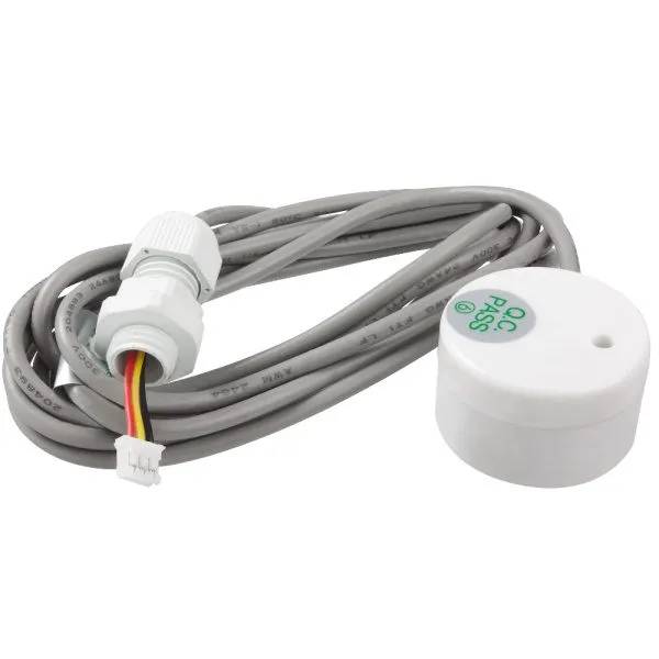 Water Level Sensor 5V, vit rund vattennivåsensor med kabelgenomföring och grå kabel med kontakt, "QC PASS"-märkning.