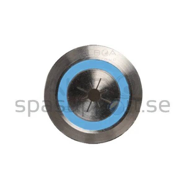 LED blå light symbol i borstat metallutförande med blå ring runt en stjärnformad mittdetalj, sedd rakt uppifrån.
