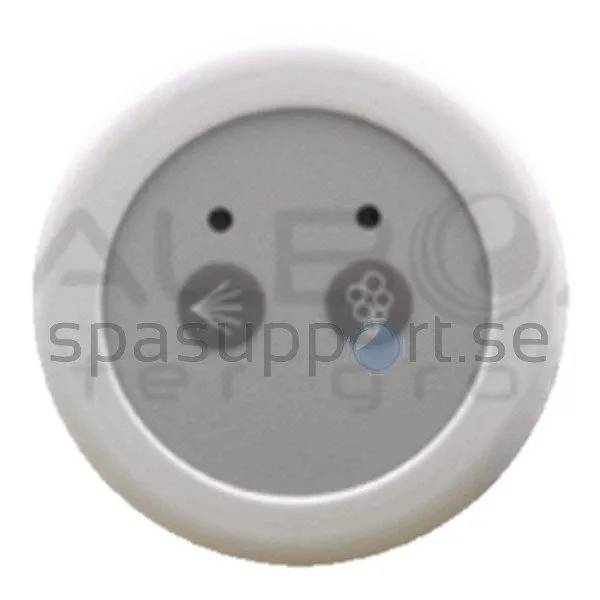 2-funktions panel med rund vit ram, två touchknappar med symboler för fläkt och bubblor samt liten blå indikatorlampa.