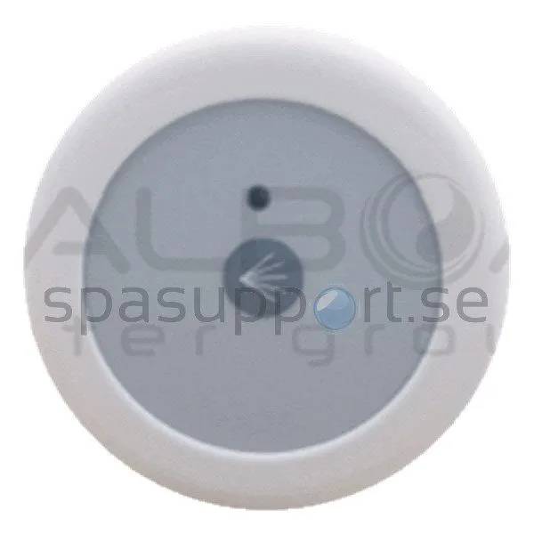 1-funktions panel Ø 64 mm i vitt med grå rund touch-yta och pilsymbol, sedd rakt framifrån.