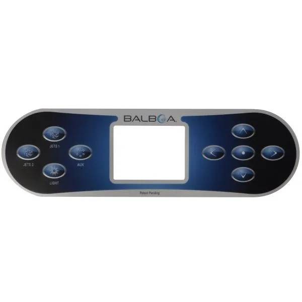Balboa overlay till TP800 med tomt displayfönster, knappar för Jets 1, Jets 2, Aux, Light samt pilnavigering.