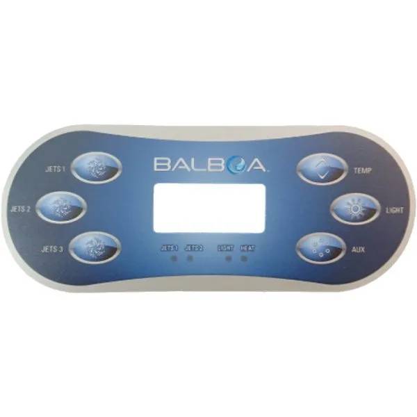 Balboa Overlay TP600 3 Jets, kontrollpanel med knappar för Jets 1-3, Temp, Light och Aux samt display i mitten.
