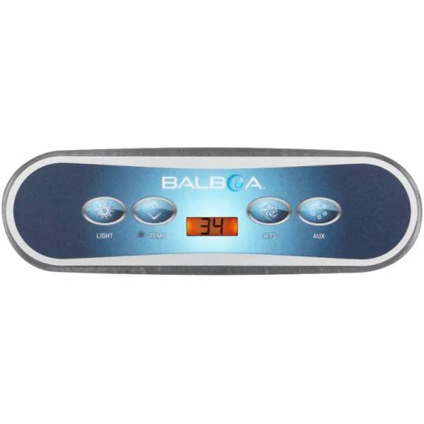Balboa Panel VL400, ovalt kontrollpanel med fyra knappar: Light, Temp, Jets och Aux, samt orange displayvisning "34".