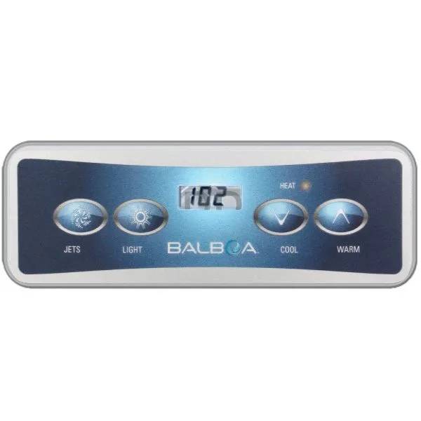 Balboa Panel VL401 touchpanel med knappar för Jets, Light, Cool och Warm samt digital display och Balboa-logotyp.