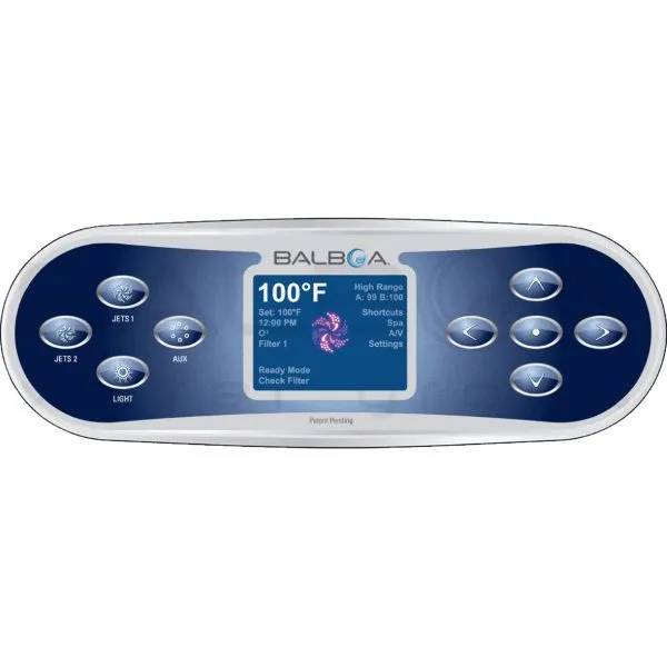 Balboa Panel TP-800 touchpanel med display, knappar för Jets 1, Jets 2, Aux och Light samt navigeringsknappar.
