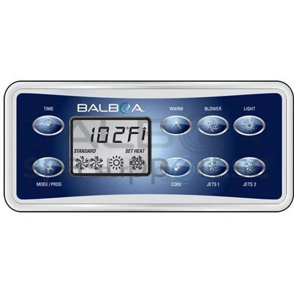 Balboa Panel VL-801D touchpanel med display som visar 102°F, samt knappar för Time, Mode, Warm, Blower, Light, Cool och Jets.