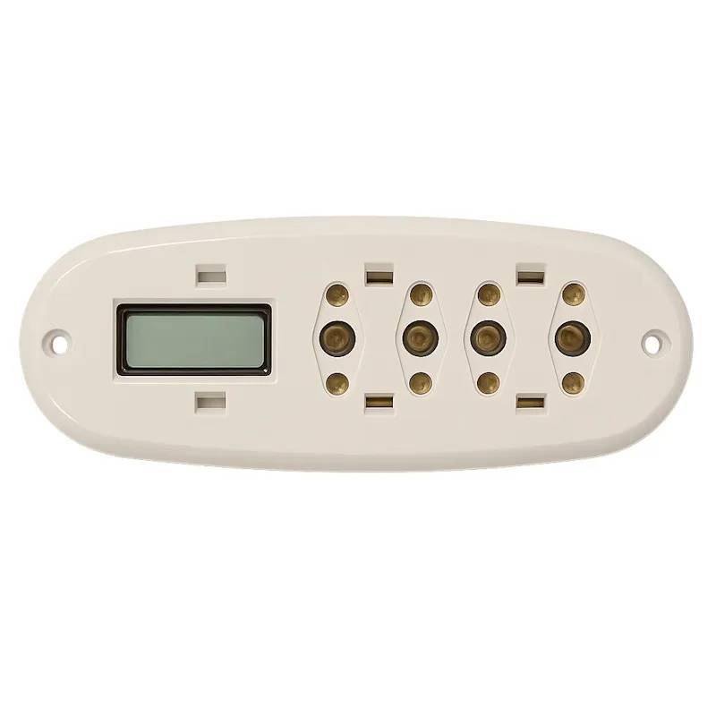 Balboa Panel VL200, ovalt kontrollpanel med LCD-display och fyra uttag med guldfärgade stiftkontakter.