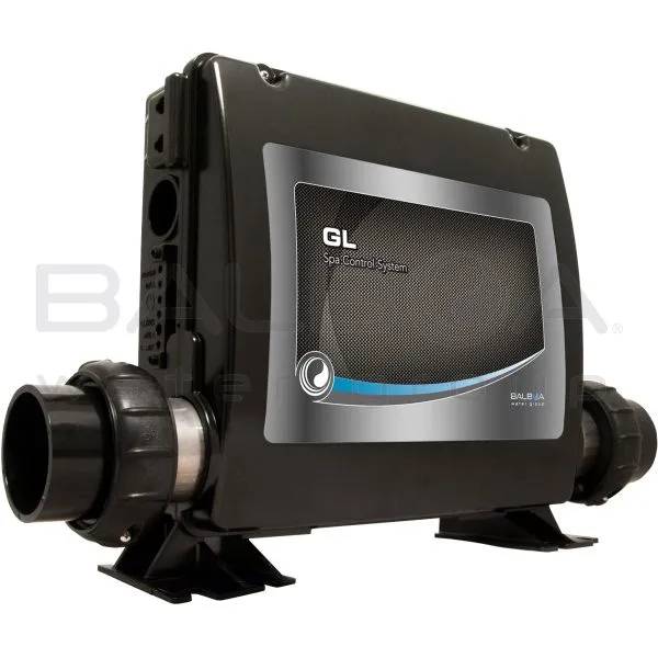 Balboa GL2001M3 styrbox för spabad, svart låda med två unionskopplingar och etikett med GL Spa Control System.