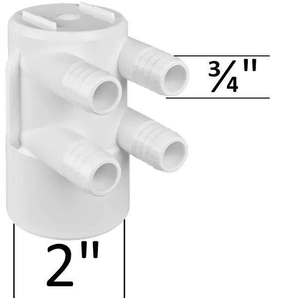 Fördelare med ändplugg 4P i grå PVC, sedd snett från sidan med fyra upprättstående uttag ovanpå ett rör.