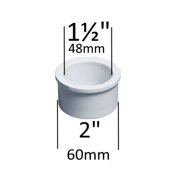 PVC Adapter 2" x 1,5" M/F i vitt, med måttangivelser: innerdiameter 48mm (1½") upptill och ytterdiameter 60mm (2") nedtill.