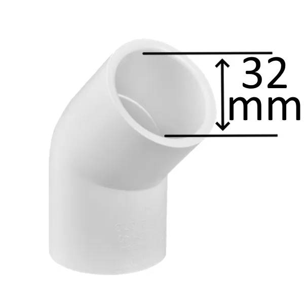 PVC böj 45° 32mm F/F i vit plast, vinklad rörkoppling med måttmarkering som visar 32 mm i diameter.