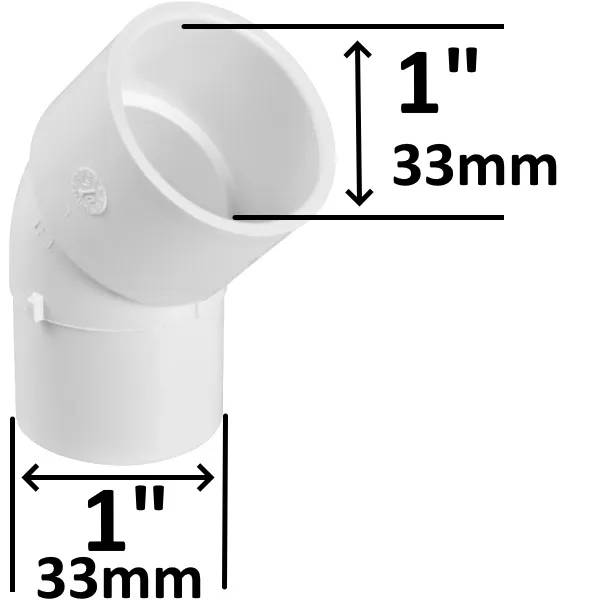 PVC Vinkel 45° 1" M/F i vitt, måttsatt till 33 mm diameter i båda ändar, muff- och spetsände.