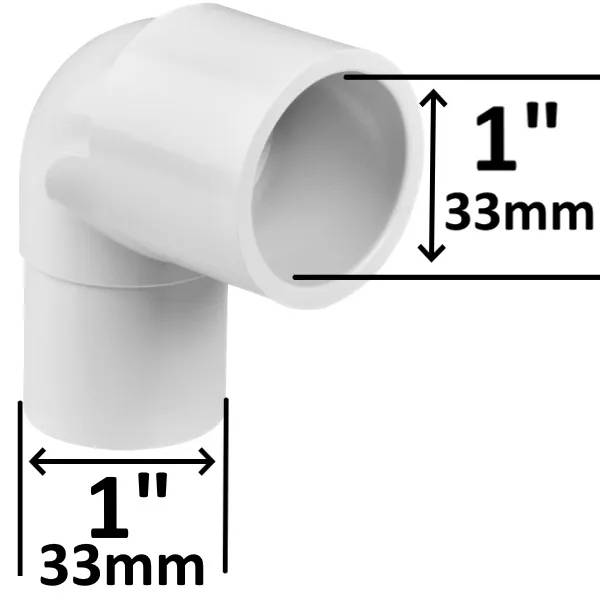 PVC böj 90° 1" M/F i vitt, med måttpilar som visar 33mm diameter på båda anslutningarna.