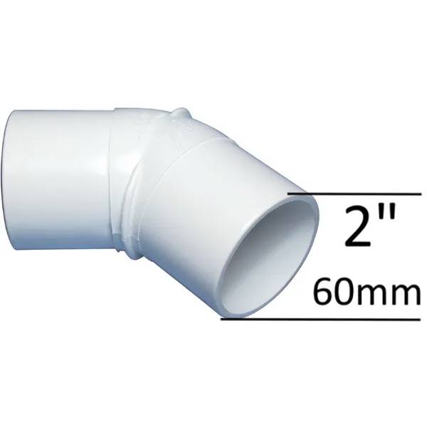 PVC vinkel 45° 2" M/M i vitt, mätangivelse visar diameter 60mm/2 tum på öppningen.
