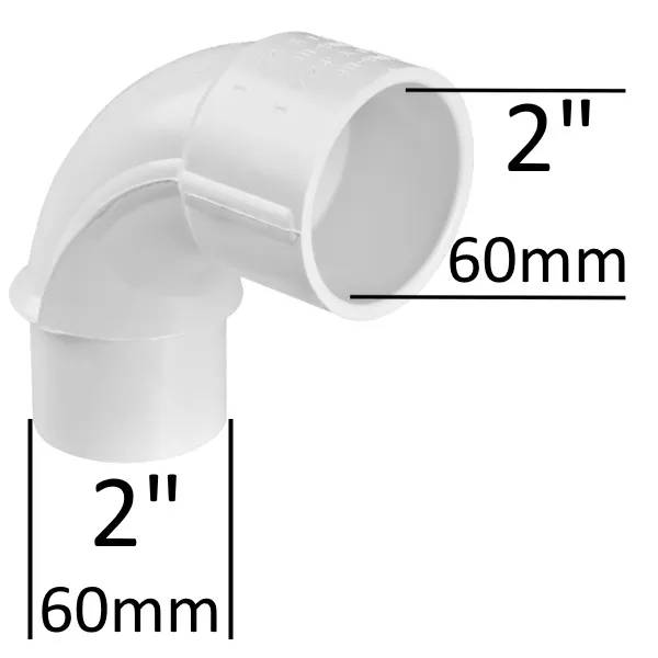 Vit PVC-böj 90° 2" M/F med mätangivelser 60mm på båda anslutningarna, hane- och honände.