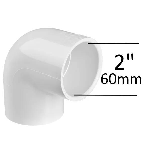 PVC Böj 90° 2" F/F i vit plast, rörkoppling med öppningsdiameter märkt 60mm.