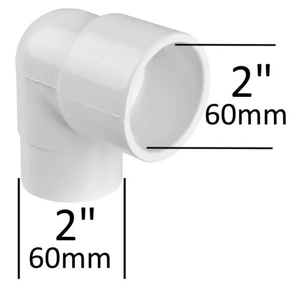 PVC böj 90° 2" M/F i vit plast, med måttangivelser 60mm för både in- och utloppsdiameter.