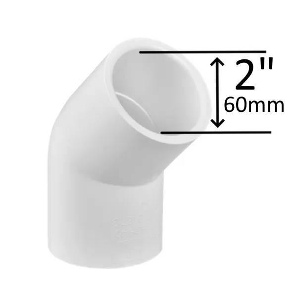 PVC Vinkel 45 G 2" F/F i vit plast, 60mm diameter, med måttpilar som visar öppningens innerdiameter.