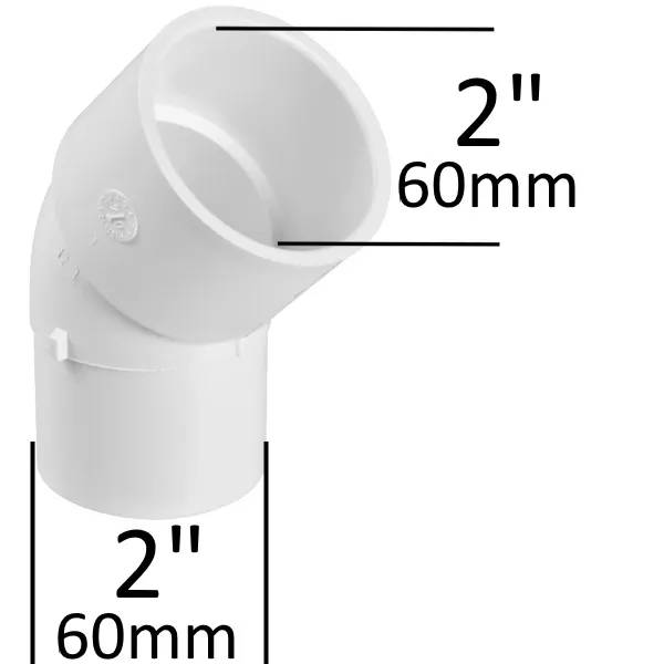 PVC vinkel 45 grader 2" M/F i vit plast, båda ändarna märkta 2" (60mm) med måttlinjer.