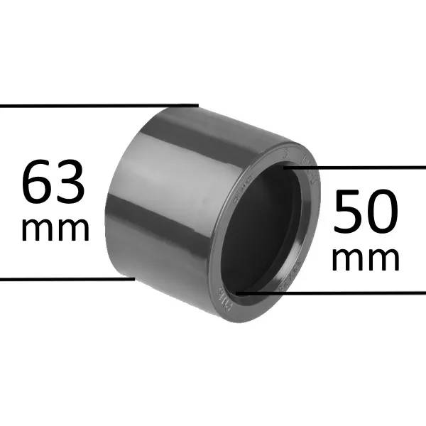 PVC-adapter 63 x 50 mm i svart plast, reduceringskoppling med ytterdiameter 63 mm och innerdiameter 50 mm.