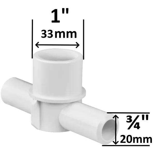 Vit PVC T-koppling, Tee-1 tum Spigot x 3/4 tum SB, med måttangivelser 33 mm och 20 mm för anslutningarna.