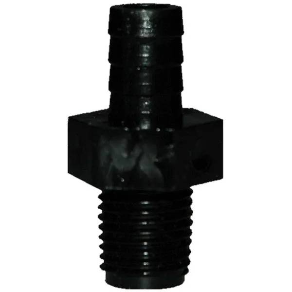 Svart plastadapter 3/8" till 1/4" MPT med räfflad slangstuts upptill och gängad anslutning nedtill, sexkantigt mellanparti.