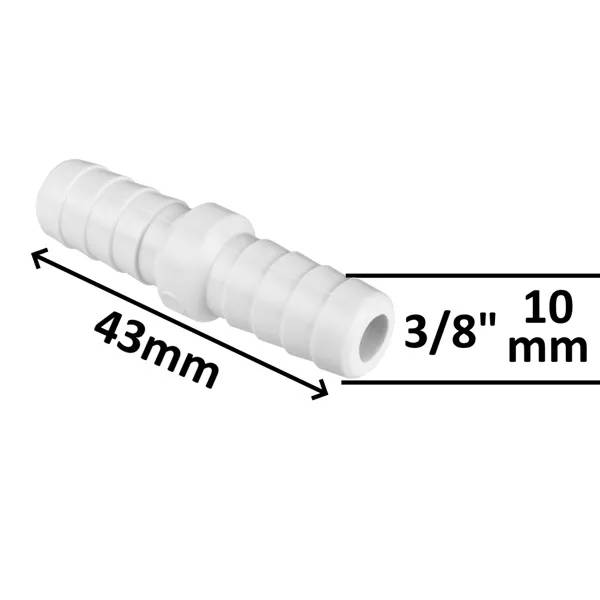 Skarvkoppling 3/8" i vit plast med räfflade ändar, längd 43 mm, håldiameter 10 mm, mått utsatta med pilar.