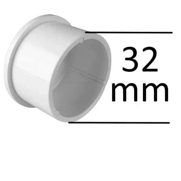 PVC plugg 32 mm i vit plast, rund koppling med måttlinjer som visar innerdiameter på 32 mm.