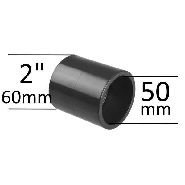PVC muff 2" x 50mm i svart plast, cylindrisk rörkoppling med måttmarkeringar 60mm ytterdiameter och 50mm innerdiameter.