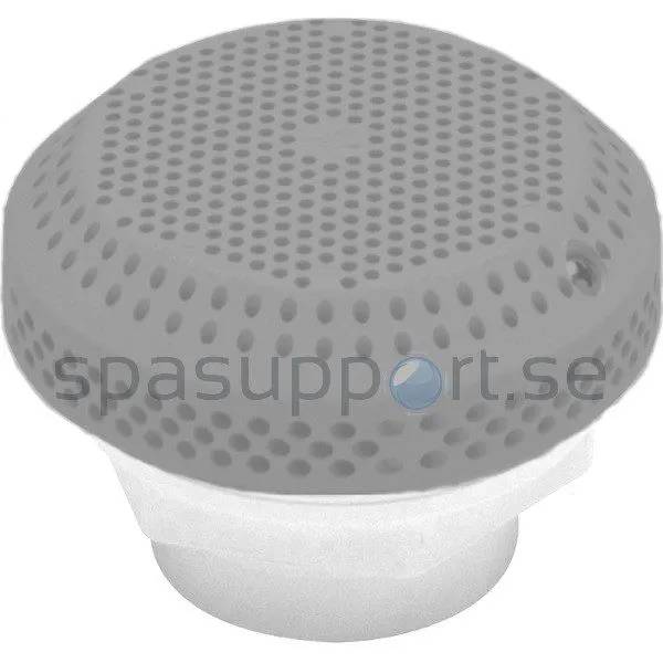 Waterway Hi-flo Suction 1,5" grå insugsgaller med runt perforerat lock och vitt gänganslutet rör.