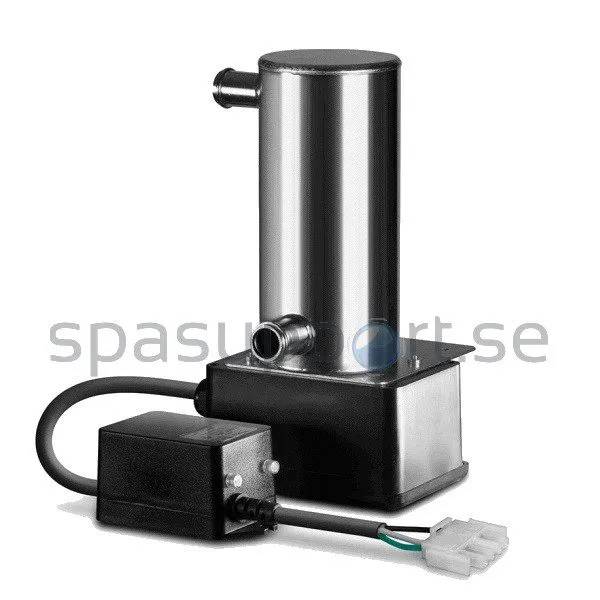 UV Sanitizer BWG 230V med cylindrisk rostfri behållare, anslutningsrör och svart kontrollbox med elkabel.
