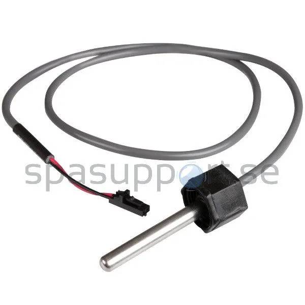 Temperaturgivare med grå kabel, kontaktdon och metallsond i svart plasthölje för spabad.