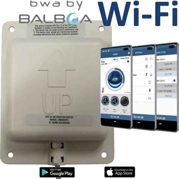 BWA by Balboa Wi-Fi-modul med app-skärmar som visar temperaturstyrning, filtercykler och nya molnfunktioner för spabad.