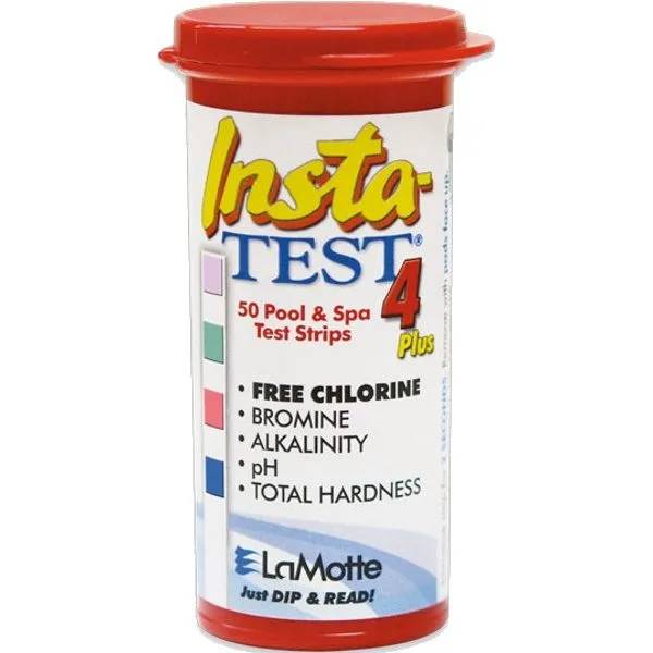 Röd flaska med LaMotte Insta-TEST 4 Plus teststickor för pool och spa, testar klor, brom, alkalinitet, pH och hårdhet.