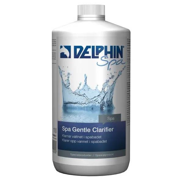 Vit flaska med Delphin Spa Gentle Clarifier, 1 liter, med bild av vattenstänk på etiketten.