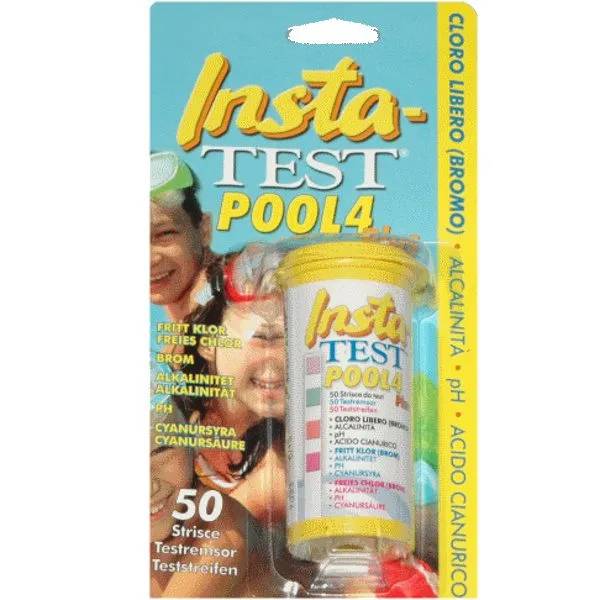 Insta-Test Pool 4 teststickor i förpackning med 50 remsor, bakgrundsbild visar barn med simglasögon i pool.