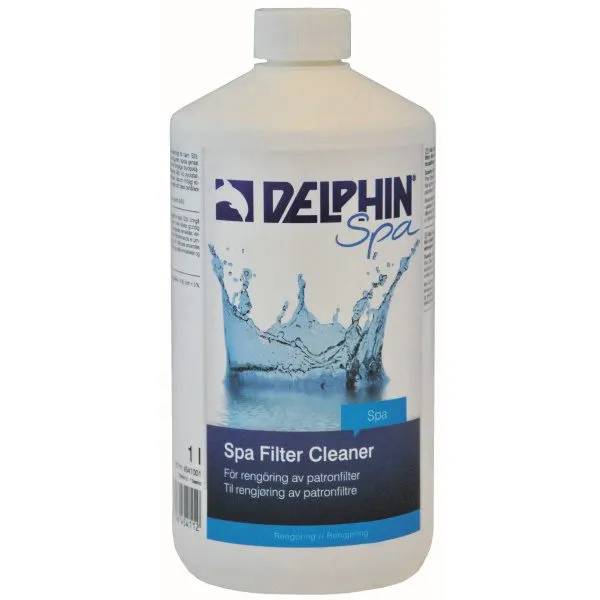 Vit 1-liters flaska Delphin Spa Filter Cleaner med blått vattenstänk-motiv och etikett med bruksanvisning.
