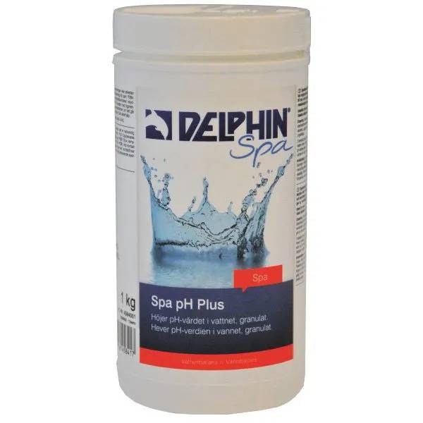 Vit hink med Delphin Spa pH Plus, 1 kg granulat för att höja pH-värdet i spabadet, etikett med vattenstänk.
