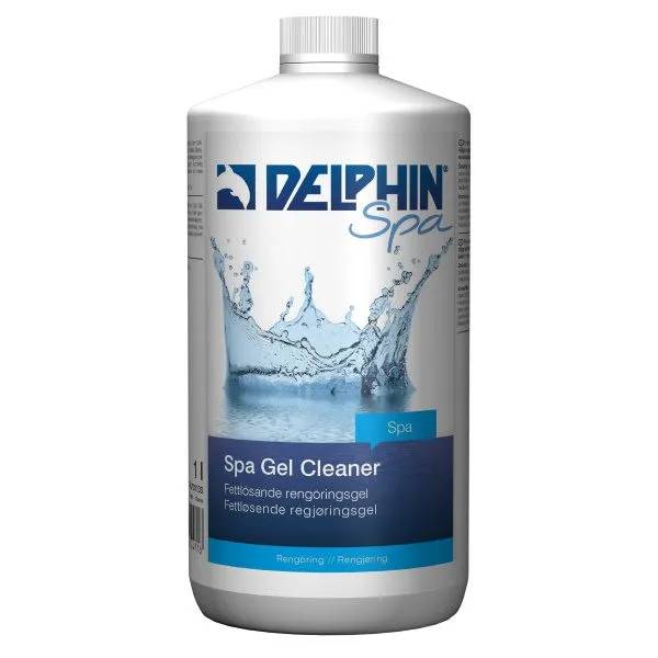 Vit flaska Delphin Spa Gel Cleaner, 1 liter, med blå etikett och bild på vattenstänk.