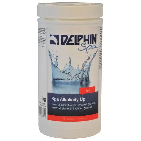 Vit hinkburk med Delphin Spa Alkalinity Up, 1 kg granulat för att höja alkaliniteten i spavatten.