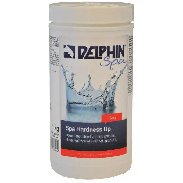 Vit plastburk med Delphin Spa Hardness Up, 1 kg granulat som höjer kalkhalten i vattnet, etikett med vattenstänk.