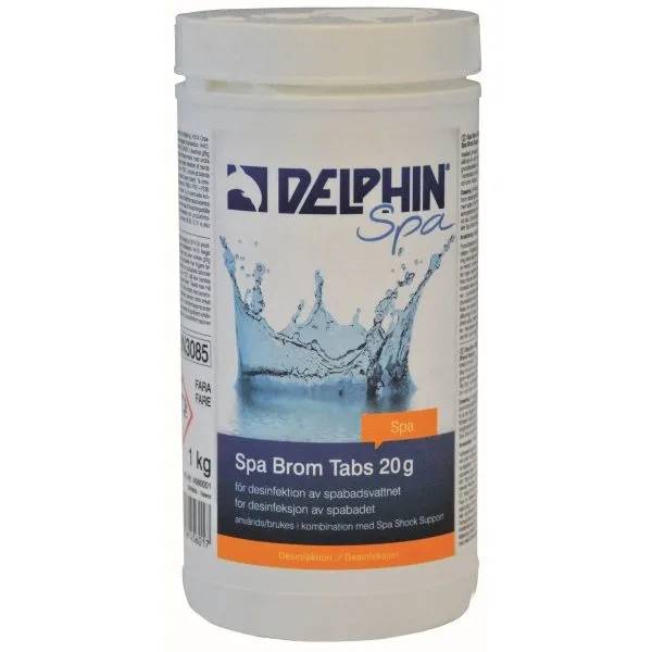 Vit hinkburk med Delphin Spa Brom Tabs 20 g, 1 kg, för desinfektion av spabadsvatten, med vattenstänk-illustration.