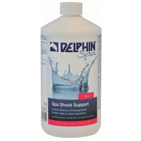Vit 1-liters flaska Delphin Spa Shock Support med logotyp och vattenstänk-illustration på etiketten.