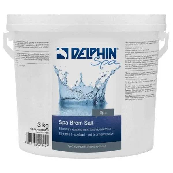 Vit hink med Delphin Spa Brom Salt 3 kg, etikett med vattenstänk-motiv och text på svenska/norska.