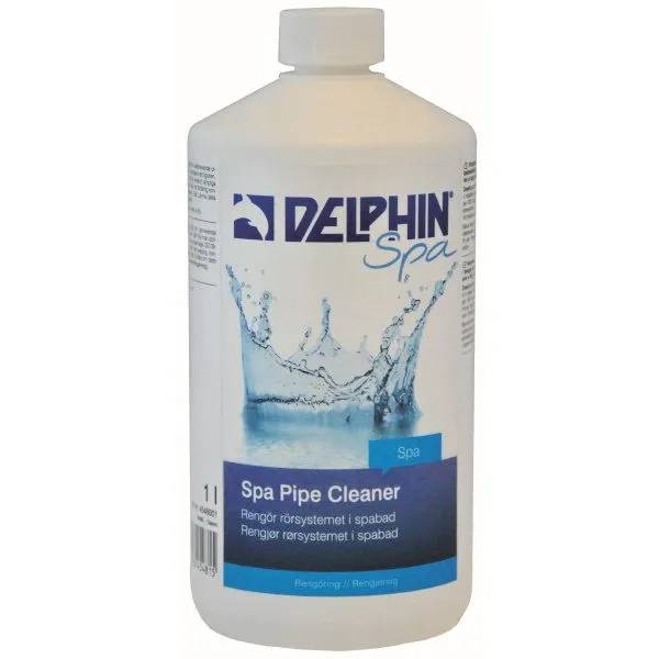 Vit flaska Delphin Spa Pipe Cleaner, 1 liter, med blått etikett och vattenstänksmotiv.