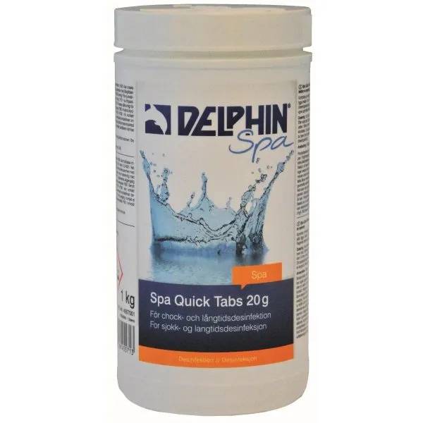 Vit hink med Delphin Spa Quick Tabs 20 g, klortabletter för chock- och långtidsdesinfektion, 1 kg.