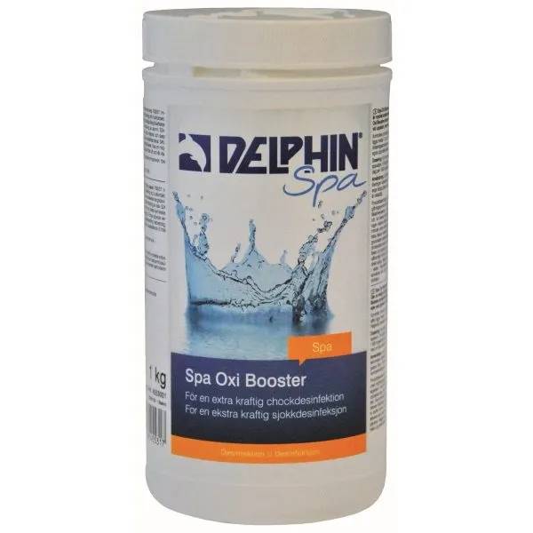 Vit plastburk med Delphin Spa Oxi Booster, 1 kg, med etikett som visar vattenstänk och text om chockdesinfektion.
