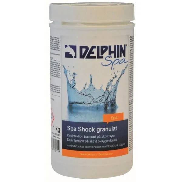 Vit hink med skruvlock, Delphin Spa Shock granulat 1 kg, logotyp och vattenstänk-illustration på etiketten.